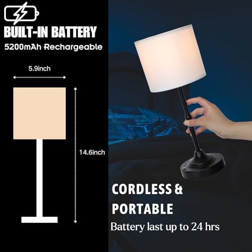 HAPYGI Portable Cordless Table Lamp,Built-in 5200mAH Rechargeable Battery, Dimmable Touch Wireless Light, Bed Side Metal Desk Lamp，Restaurant/Bedroom/Bar/Coffee/Night Light (Blcak)