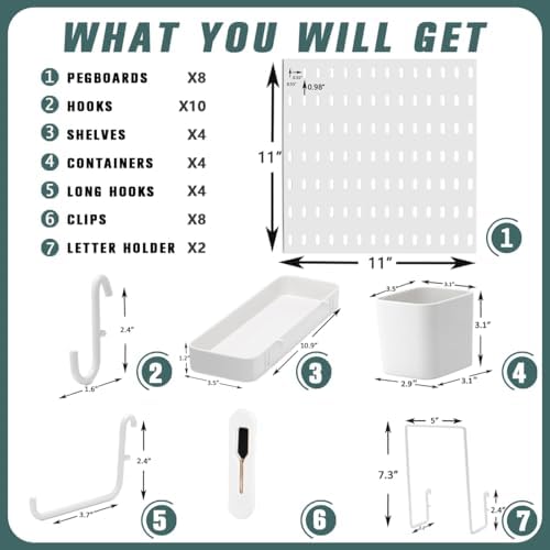 MULSAME Pegboard Combination Kit, Wall Mounted Storage Set with 8 Pegboards & 28 Accessories Hanging, Peg Boards Organizer for Walls Display, Crafts Organization, Kitchen Organizer, 22" x 44" White
