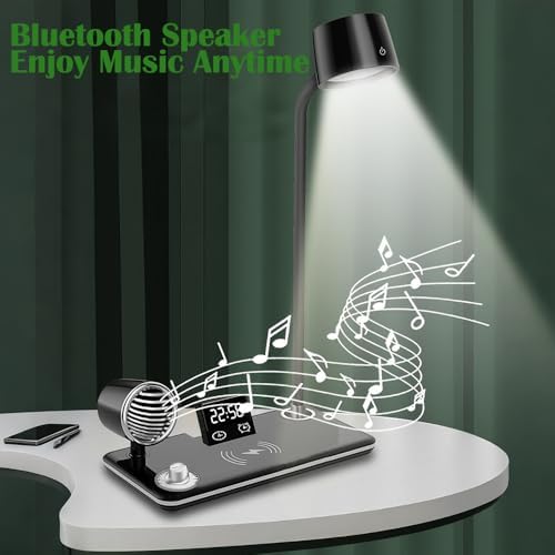 IHAO Smart LED Desk Lamp with Wireless Charger & Bluetooth Speaker, 15W Fast Charging Station for Phone & Earbuds Touch Control 3 Light Modes Alarm Clock Adjustable Eye-CareTable Lamp-HYT1772 Black