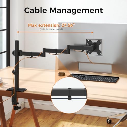 suptek Single Monitor Arm, Universal 3 Tier Arm Fully Adjustable Pole Mount Bracket Monitor Mounting for 13 to 27 inch Screen, Weight up to 22lbs, Mounting Holes 75x75mm to 100x100mm,Black
