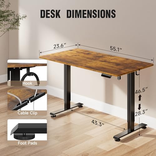Veken 55 Inch Large Electric Standing Desk, Gaming Table, Brown | Height Adjustable Sit Stand Up Computer Tables for Home Office, Study , Writing, Suit students, employees and group work