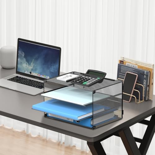 DALTACK 3 Tier Letter Tray Paper Organizer with Sliding Mesh Trays Black