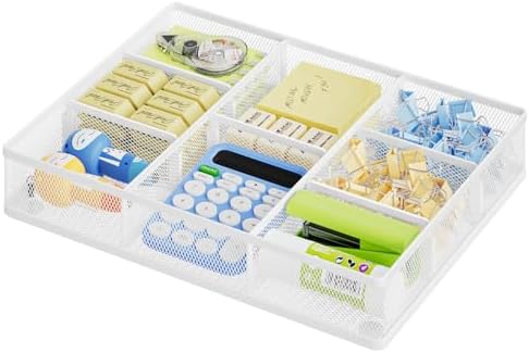 Marbrasse Desk Drawer Organizer, Metal Mesh Drawer Organizer Tray with 5 Adjustable Compartments,Desk Organizers and Accessories for Home,Office,Kitchen,Makeup,Vanity (White)