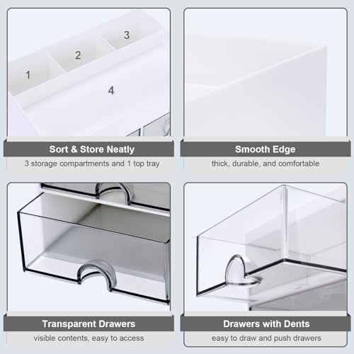 Meiikun Desk Organizer, Office Organizer with Drawer, Desk Accessories & Workspace Organizers, Pen Holder Office Supplies for Desk (4 Drawers+4 Compartments, White)