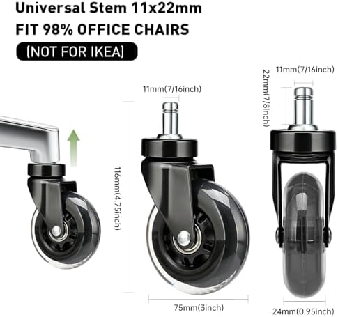 3" Office Chair Wheels (As Seen On PRC) Heavy Duty with Universal Grip Ring Stem(7/16" x7/8"),Replacement Rubber Chair Casters fits 98% Chairs for All Floors