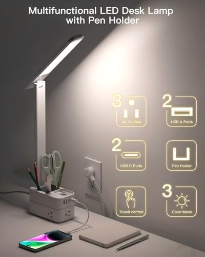 Addtam Desk Lamp with Pen Holder, LED Desk Lamps for Home Office, Power Strip with 3 Outlets 4 USB Charging Ports(2 USBC), 3 Color Modes Touch Lamp, Study Lamps for College Dorm Room Essentials, White