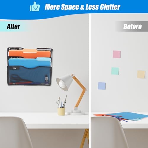 EASEPRES 3 Pocket Mesh Hanging Wall File Organizer with Hangers & Nametag Label, Wall Mounted Mail Paper Document Folder Holder, Clipboard Storage Organization Magazine Rack for Office Cubicle, Black