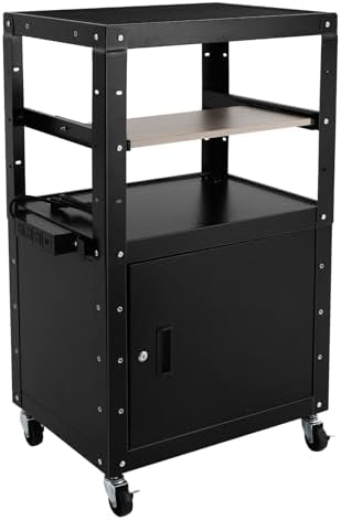 AV Presentation Cart Stand with Locking Cabinet, Steel Rolling Metal Cart On Wheels, Rolling Tv Stand with Power Outlet, Computer Cart On Wheels, Computer Cartwith Keyboard Tray 1.5m Cable