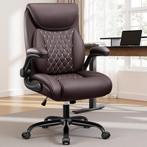 BESTFAIR Office Chair, Executive Computer Desk Chair with Lumbar Support for Lower Back Pain Relief, Ergonomic Leather Home Chair Comfy with Padded Flip-up Arms and Adjustable Armrests, Coffee