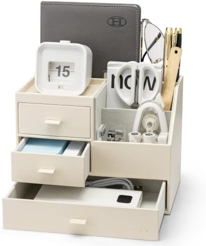 Desk Organizer with Drawer, Leather Nightstand Organizer for Women, Beige