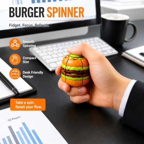 2 Pack Hamburger Fidget Spinner Balls, Press-to-Spin Mechanical Sensory Fidget Toys, Handheld Stress Relief Desk Toy