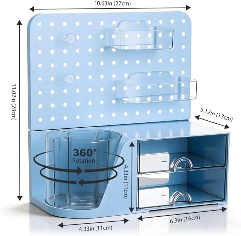 Comix Desk Organizer with 2 Drawer, Blue 360° Rotating Pen Holder for Desk