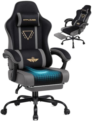 GTPLAYER Video Gaming Chair Fabric, Ergonomic Computer Chair with Footrest and Pocket Spring Cushion, Height Adjustable Video Gamer Chair with Lumbar Support for Adults, Gray
