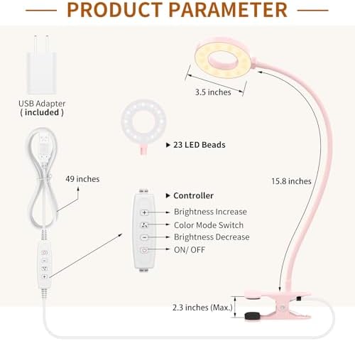 iZELL Desk Lamp, [3 Color Modes & 10 Brightness] LED Reading Light with Clamp, Silicone Flexible Arm Book Light for Kids Reading Book in Bed at Night Clip on Table, Headboard, Dorm - 15.8‘’ Pink