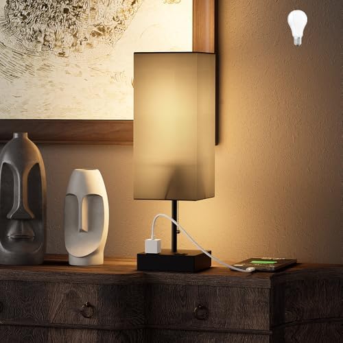 YIDPU Table Lamp for Bedroom with USB,Bedside Lamp with USB C+A Charging Ports,Adjustable 3color LED Light for Home Decor/Nightstand/Office,Included Bulb and Fabric Lamp Shade (Linen Black, 1PCS)
