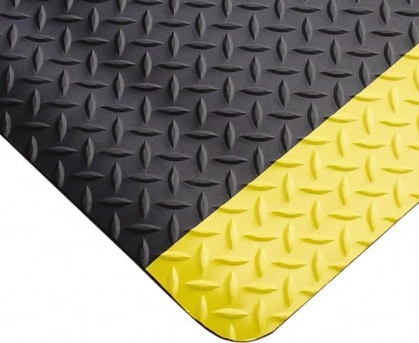 Anti-Fatigue Mat: 3' Long, 3' Wide, 11/16 Thick, Vinyl, Beveled Edges, Heavy-Duty - Diamond Plate Surface, Black & Yellow, for Dry Areas