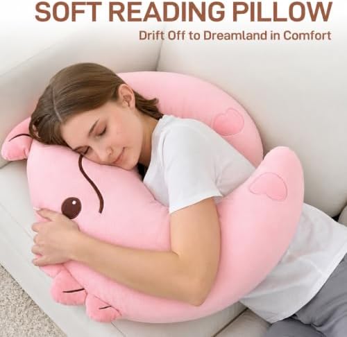 Cute Gaming Pillow for Lap - Plush Reading & Crocheting Pillow for Sitting in Bed, Soft Arm Support Cushion for Tablet/iPad, Kawaii Room Decor Gift Teen Girls & Pink Axolotl Lovers