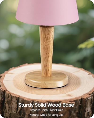 12" Wood Bedside Table Lamps Set of 2, Small Desk Lamps for Small Places, 3 Color Temperatures with Memory, Pink Linen Shade & E26 Bulbs, for Bedroom Living Room Office MP13TLP205