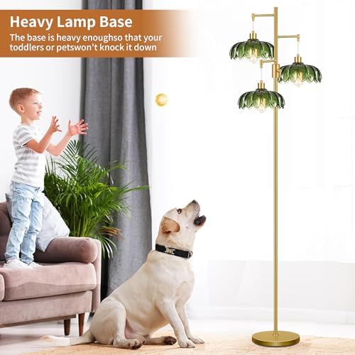 Dimmable Floor Lamps for Living Room Bedroom-3 Light Gold Floor Lamp with Glass Lampshape, Flower Tall Lamp Mid Century Modern Standing Lamp Glass Tree Floor Lamps for Living Room Bedroom,Corner