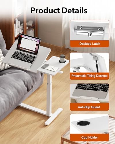 Overbed Table with Wheels, Pneumatic Lift, Foldable Top (White)