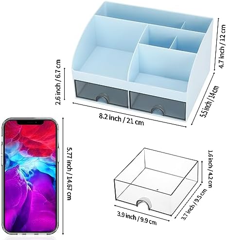 Office Desk Organizer with Drawers for Desktop/Tabletop/Counter, Desk Top Accessories Stationary Organizer Desk Caddy, Pen/Pencil/Business Card/Sticky Note Tray/Paperclip Holder Storage Box (Blue)