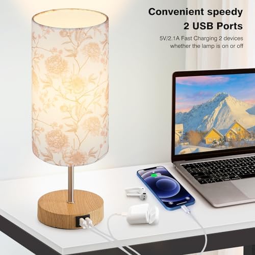 Lolikit Bedside Touch Lamp, Wood Small Table lamp with 2 USB Charging Ports & Flower Fabric Shade, 3-Way Dimmable Nightstand Lamps for Living Room Bedroom Office Reading Desk Home Dorm Pink