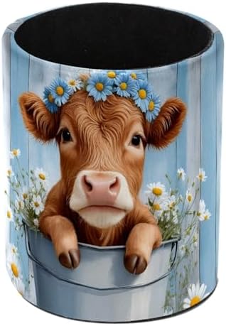 Highland Cow Daisies Farmhouse Pen Holder Pencil Organizer Cute Pencil Cup Desk Decor Makeup Brush Holder PU Multifunctional Office Supplies for Home Classroom School
