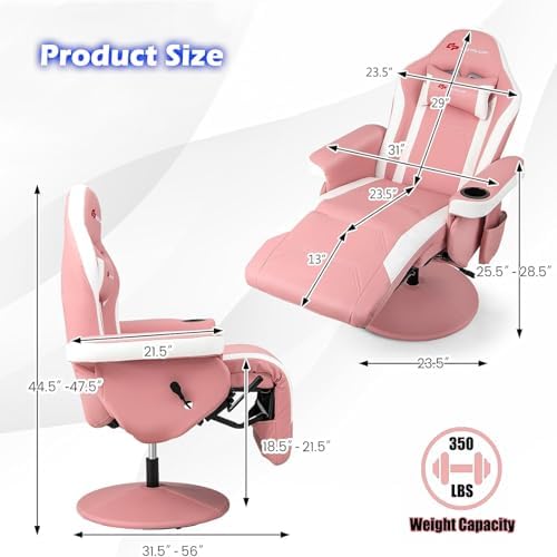 POWERSTONE Gaming Recliner, Adjustable Massage Gaming Chair with Cup Holder Footrest Ergonomic Single Sofa Living Room Home Theater Seating with Side Pouch (Pink)