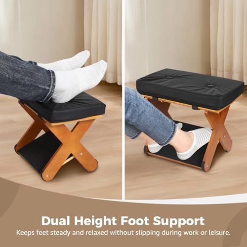 Double Step Foot Rest Under Desk, Ergonomic Wood Foot Stool with PU Cushion Top, Desk Foot Rest for Office Chair, Under Desk Footrest Stool for Work, Leg Rest Support (Walnut Finish)