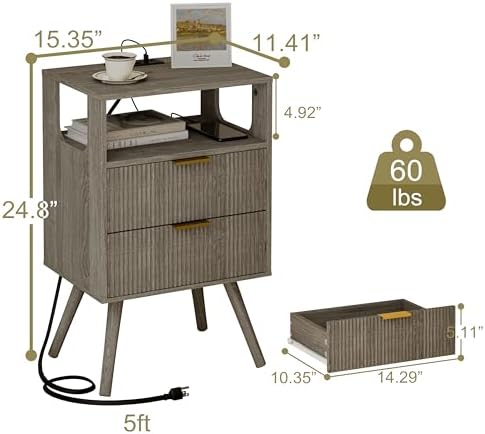 JOONEE Nightstand with Charging Station and LED Lights,Modern Bedside Table with 2 Storage Drawer and Open Wood Shelf, for Bedroom and Small Spaces,Night Stand with Solid Wood Legs,GreyOak