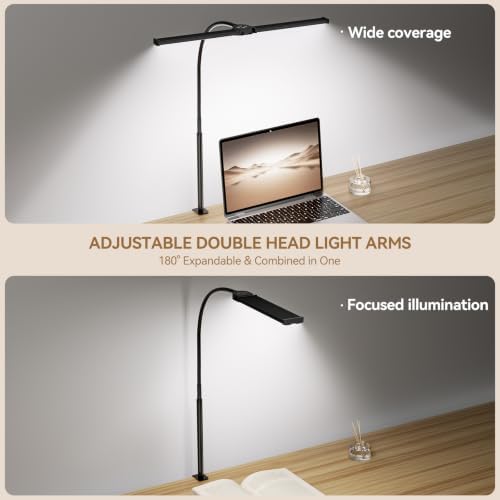 Voncerus LED Desk Lamp for Home Office, Double Head Desk Light with Clamp