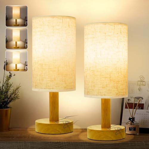 Small Cordless Touch Bedside Table Lamps Set of 2,Minimalist Dimmable Battery-Powered Desk Lamps with Round Fabric Linen Shade,Mini Nightstand Warm Night Lights for Bedroom,Home,Living Room,Office