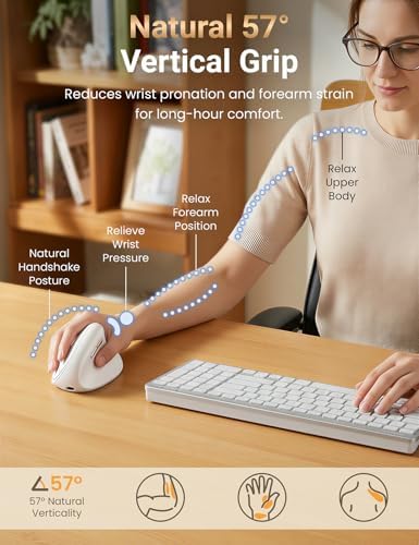 Ergonomic Vertical Wireless Mouse, 57°, Small/Medium Hands, White