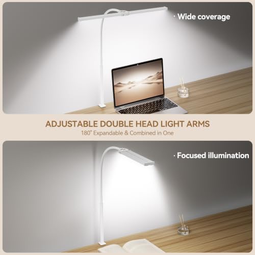 Voncerus LED Desk Lamp for Home Office, Double Head Desk Light with Clamp