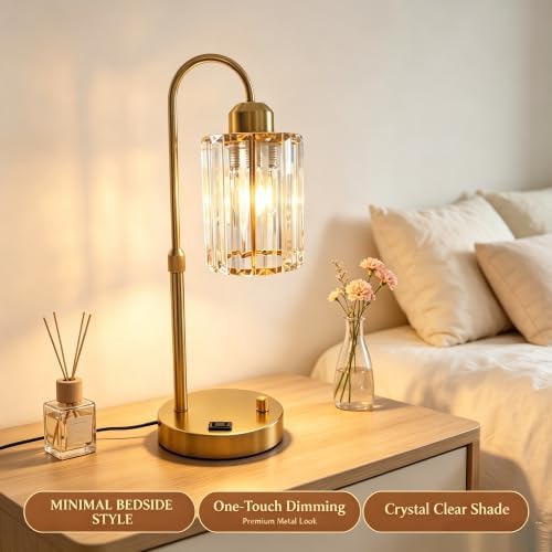 Gold Crystal Table Lamp, Adjustable Height Dimmable Desk Lamp with USB Charging Port and AC Outlet, Polished Metal Base for Bedroom Living Room