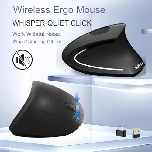 Vassink Ergonomic Mouse, Rechargeable Wireless Mouse,2.4GHz Rechargeable Wireless Vertical Optical Mice with USB Receiver, 6Buttons, 800/1200/1600 DPI, for Laptop, PC, Computer