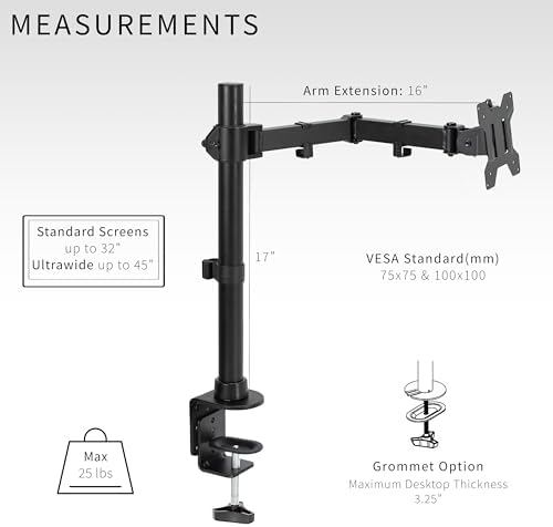VIVO Single Large Monitor Arm Desk Mount, Holds Screens up to 45 inch Ultrawide, Fully Adjustable Stand with C-Clamp and Grommet Base, VESA 75x75mm or 100x100mm, Black, STAND-V149