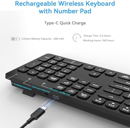 Rechargeable Wireless Keyboard for Mac and Windows, Ultra Slim 2.4GHz Full-Size Keyboard with Low-Profile Quiet Keys, Compatible with PC, Laptop, Windows 11/10/8/7 (Black)