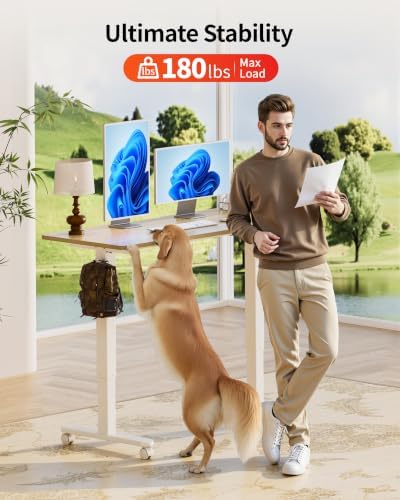 Okin Standing Desk Electric Adjustable Computer Whole Piece Stand up Desk with Wheels Office Gaming Home Office Memory Desks 48x24 inches Cream Pecans