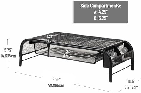 Mind Reader Monitor Stand, Ventilated Laptop Riser, Paper Tray, Office, Metal Mesh, Set of 2, Black