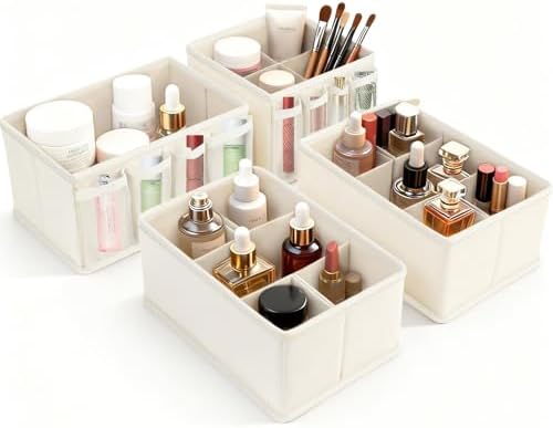 Cosmetic Storage Bins Makeup Organizer, Adjustable Multifunction Storage Box Desk Drawer Divider for Makeup Brushes, Bathroom Countertop or Dresser, Set of 4
