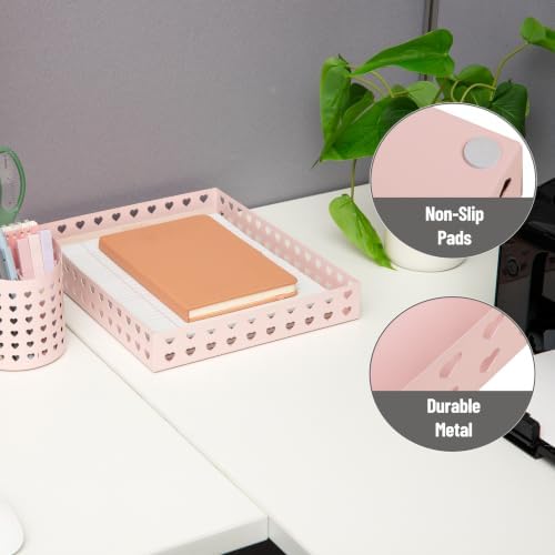 Mind Reader Paper Tray, Metal Letter Size Document Organizer with Heart Cutout Design, Desktop Paper Storage, Non-Skid Base, Pink