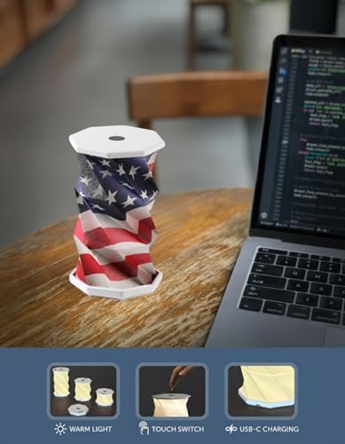 Origami Expanding Foldable LED Desk Lamp – USB Rechargeable & Portable - Dimmable Touch Control Light with Adjustable Height up to 5 1/2 for Office, Travel, Bedside & Modern Design (American Flag)