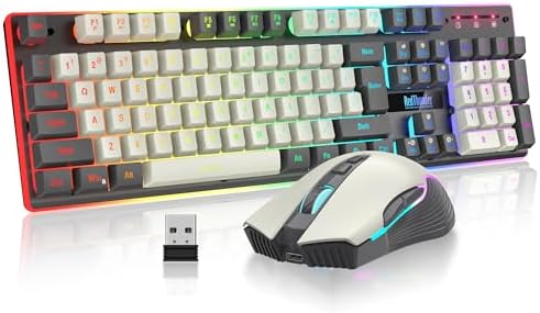 RedThunder K10 Pro Wireless Gaming Keyboard and Mouse Combo, RGB Backlit Rechargeable 3800mAh Battery, Mechanical Feel Anti-ghosting Keyboard + 7D 3200DPI Mice for PC Gamer(White Gray)