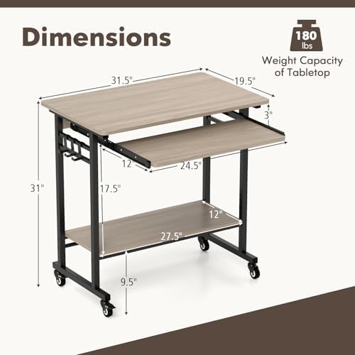 Tangkula Rolling Computer Desk Cart with Keyboard Tray, Mobile Portable Laptop PC Desk with CPU Stand & 3 Hooks for Sofa & Bed, Compact Small Desk on Wheels for Small Spaces (Grey)