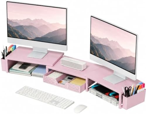 OPNICE Desk Organizers and Accessories, Dual Monitor Stand Riser with Drawer and 2 Pen Holders, Desk Shelf Printer Stand for Office Workspace Organizers, Desktop Organization (Pink)