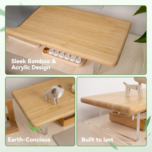 Bamboo Monitor Stand, Desk Shelf with Acrylic Legs and RGB Lights