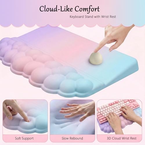 Computer Keyboard Stand Pad with Wrist Rest Colorful Cloud Keyboard Pad Support with Comfortable Rainbow Wrist Pad Cute Ergonomic Tilted Keyboard Riser Holder for Desktop Office Home Pink Purple Blue