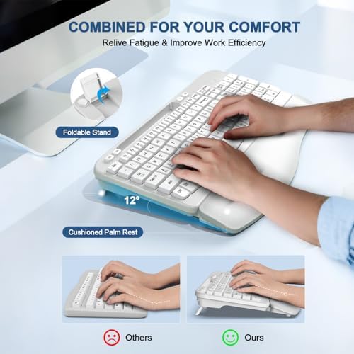 EAYBLLY 2.4G Wireless Ergonomic Keyboard, Full Size Wave Keys with Memory Foam Wrist Rest & 7.28in Phone Holder, USB-C Adapter Included for Windows Mac Chrome OS, Office or Home (White)