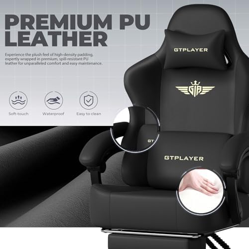 GTPLAYER Big and Tall Gaming Chair 400lbs Heavy Duty Office Chair with Footrest, High Back Pocket Spring Ergonomic Computer Chair for Adults, Wide Seated Cushion with Linkage Armrests, Leather Black
